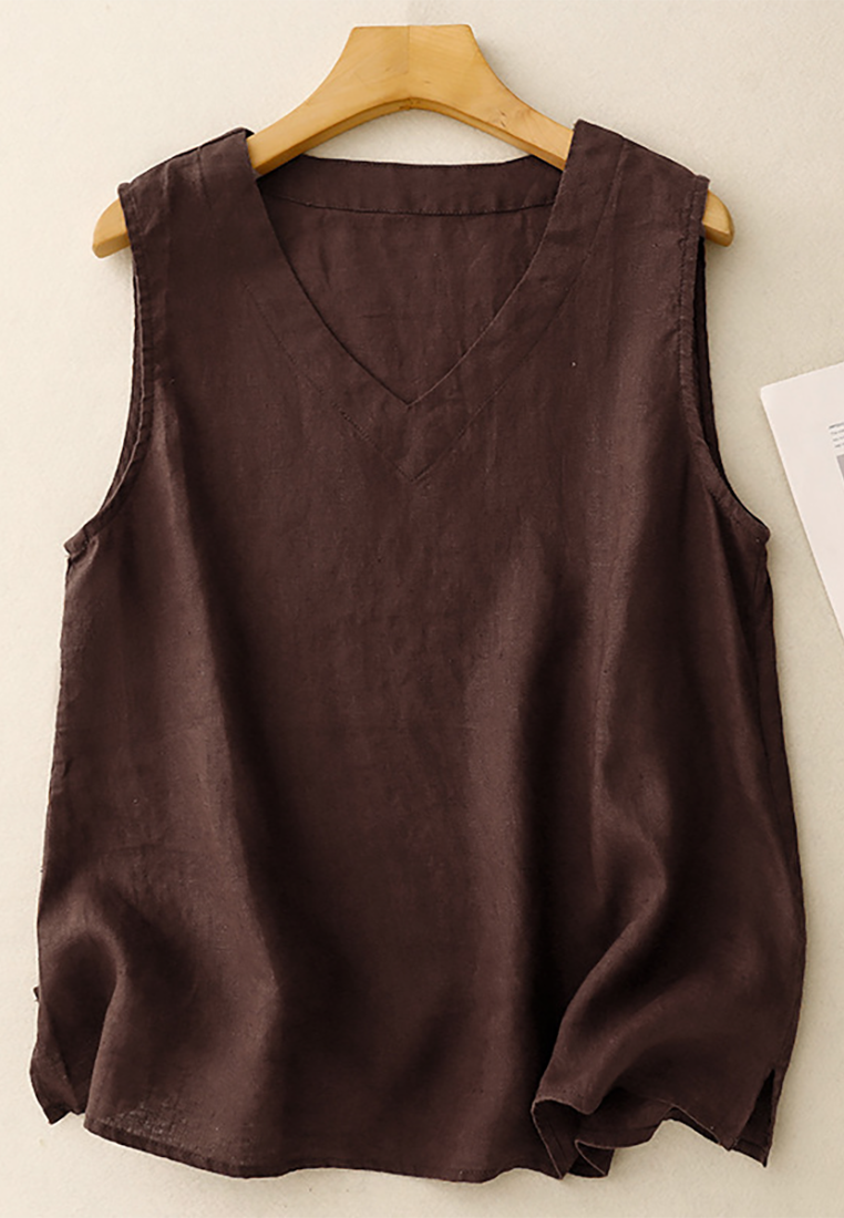 New Loose Cotton and Linen V-neck Vest CA25070909BW