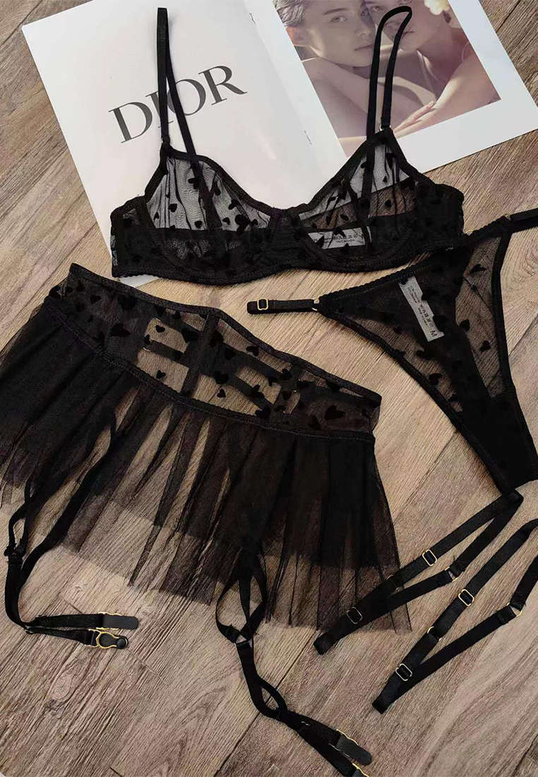 Heart-flocked French lace set A010409MT