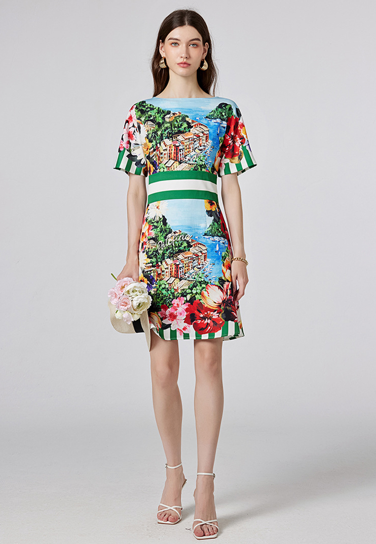 New boat neck print short sleeve dress A021909