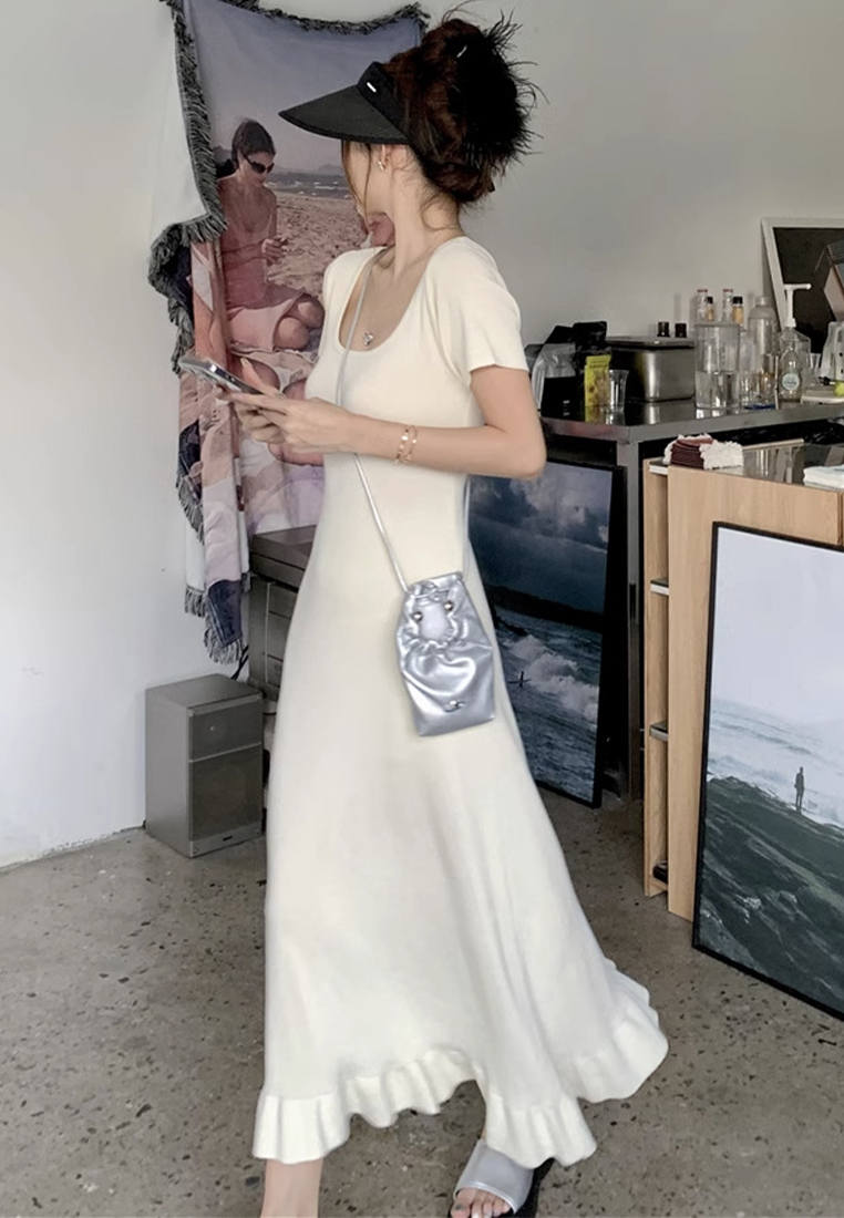 Summer new square neck short-sleeved knitted French ruffle dress CA24050609BE