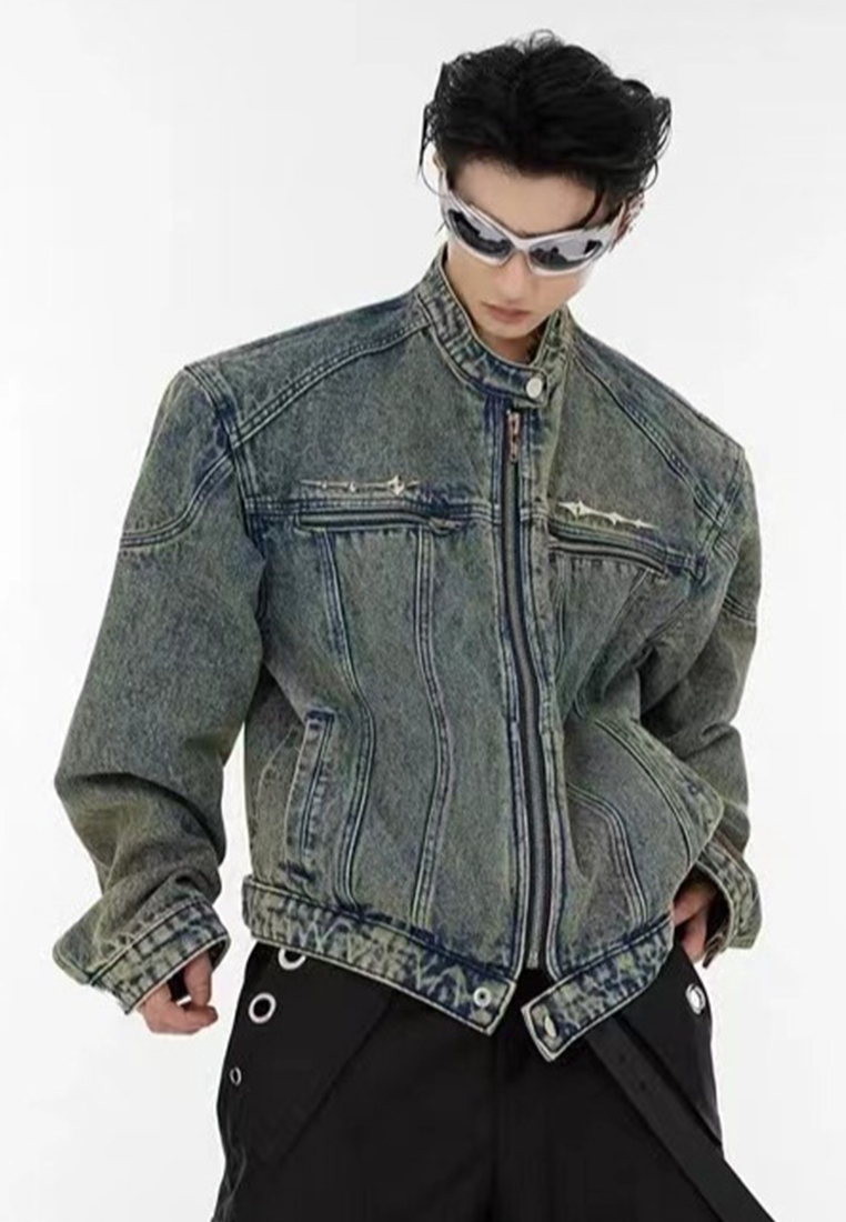 Retro patchwork denim collarless jacket CA24101409BL