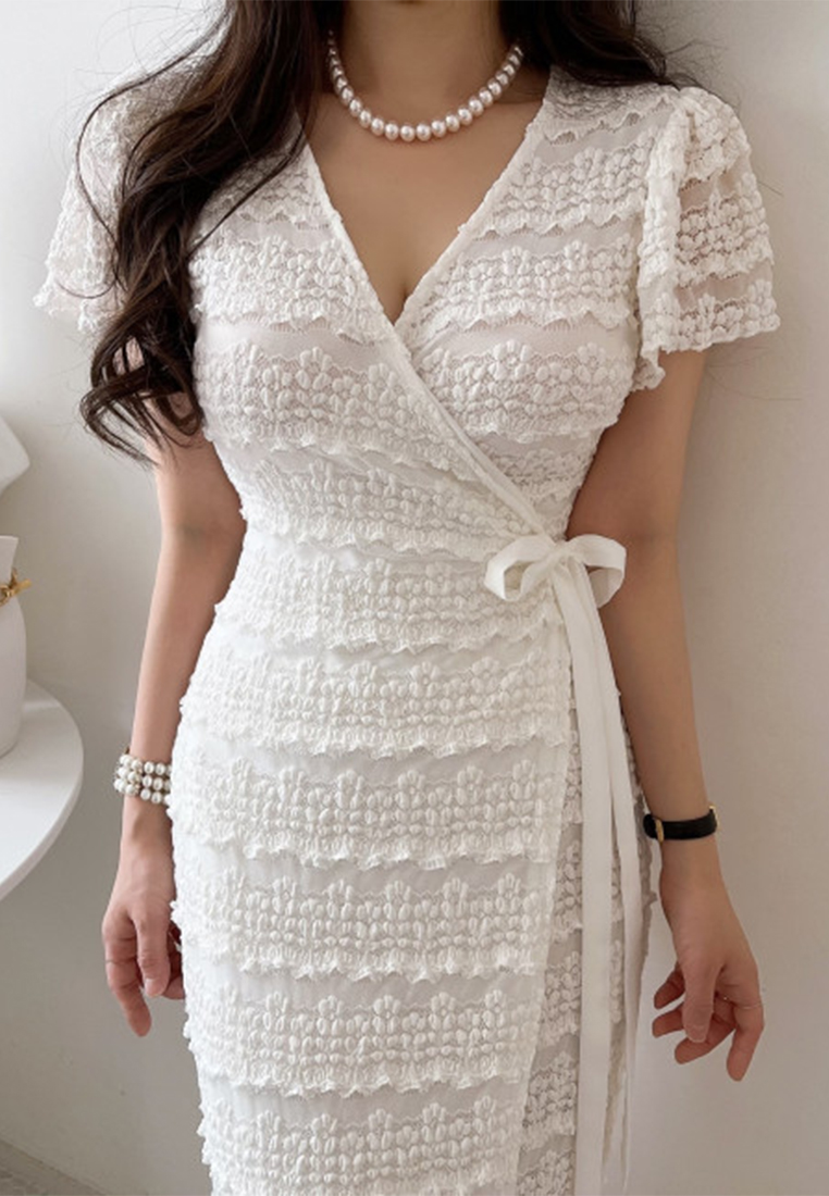 Lace Summer Elegant V-neck Strap Waist Dress CA25032709W