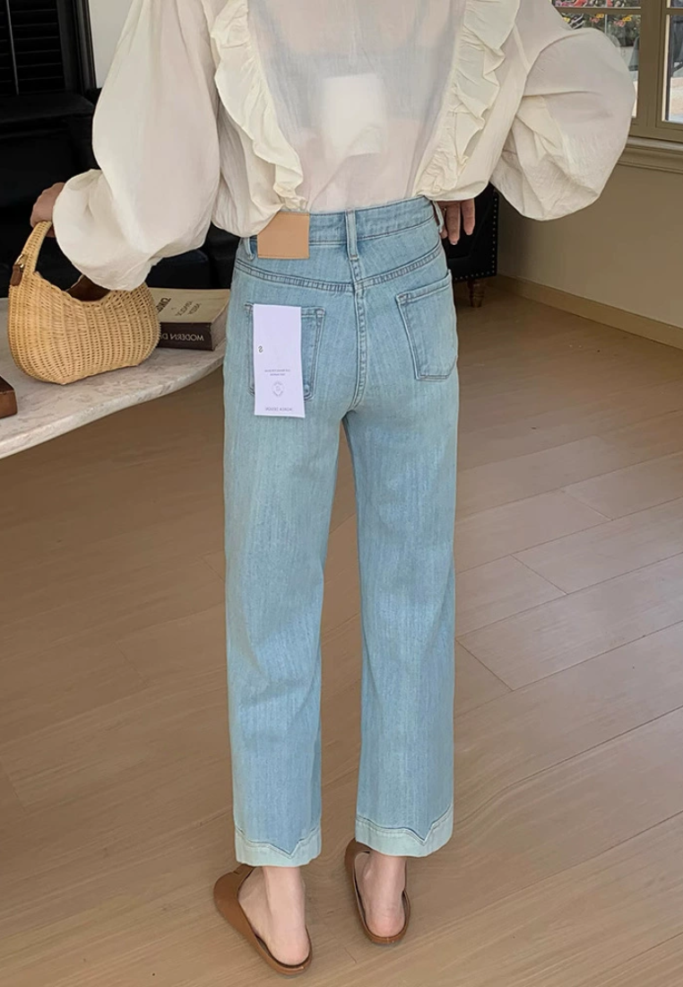 Spring high waisted light blue rolled edge jeans CA25031909BL