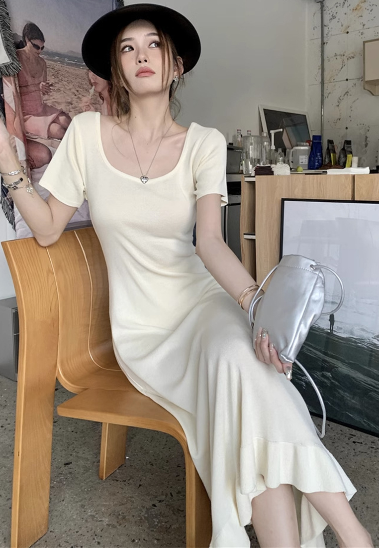 Summer new square neck short-sleeved knitted French ruffle dress CA24050609BE