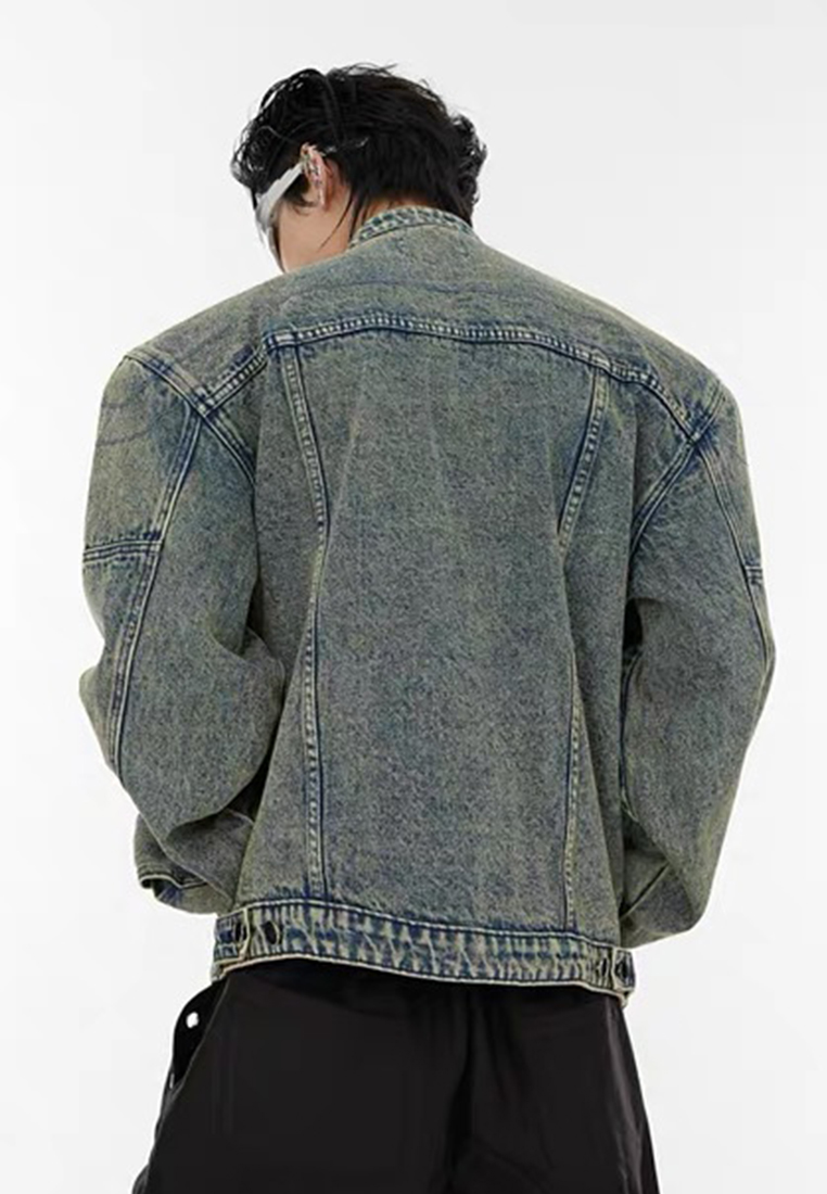Retro patchwork denim collarless jacket CA24101409BL