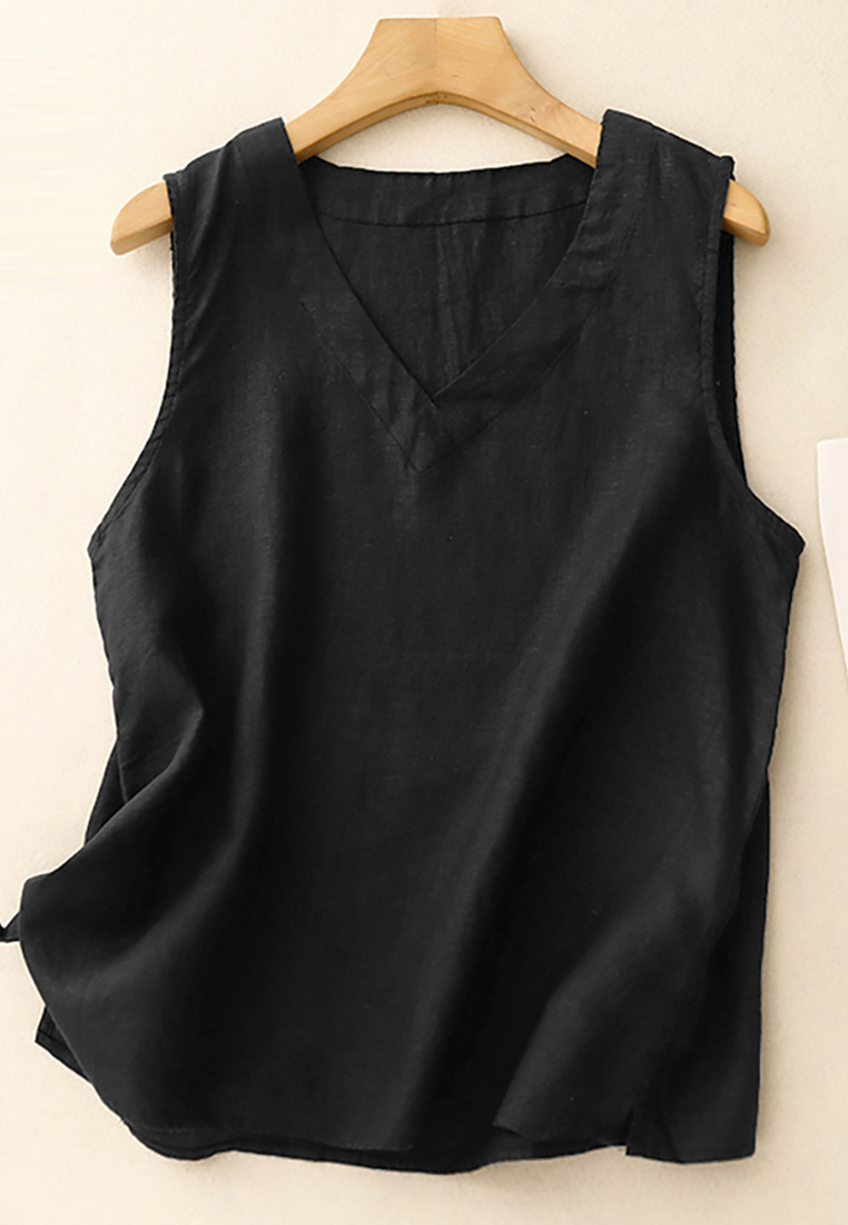 New Loose Cotton and Linen V-neck Vest CA25070909BW