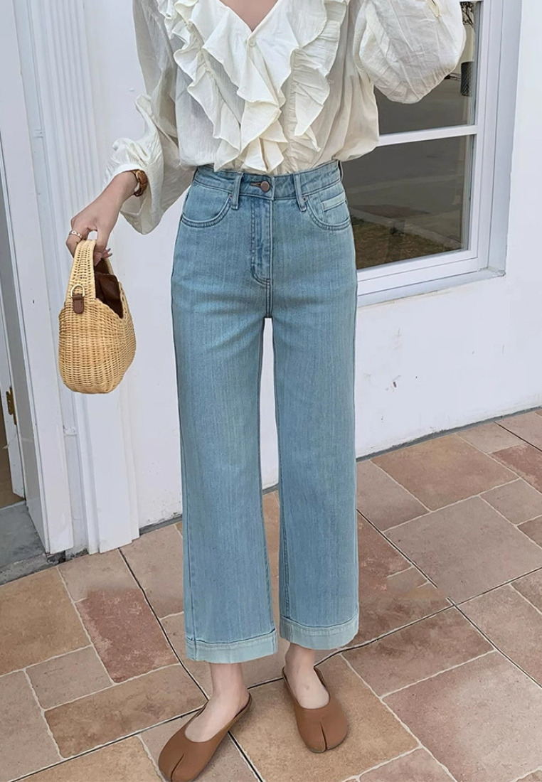 Spring high waisted light blue rolled edge jeans CA25031909BL