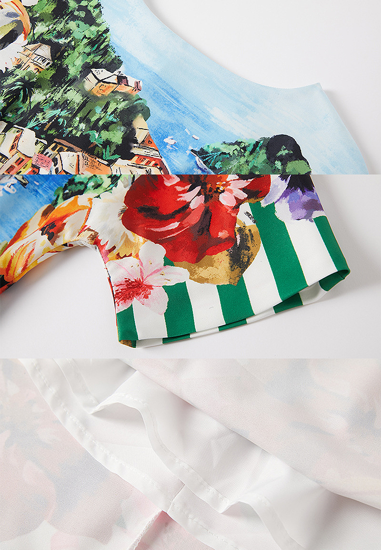 New boat neck print short sleeve dress A021909