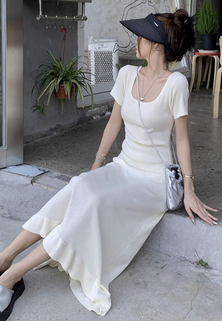 Summer new square neck short-sleeved knitted French ruffle dress CA24050609BE