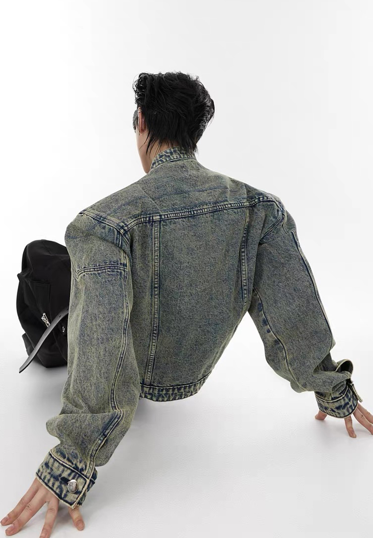 Retro patchwork denim collarless jacket CA24101409BL