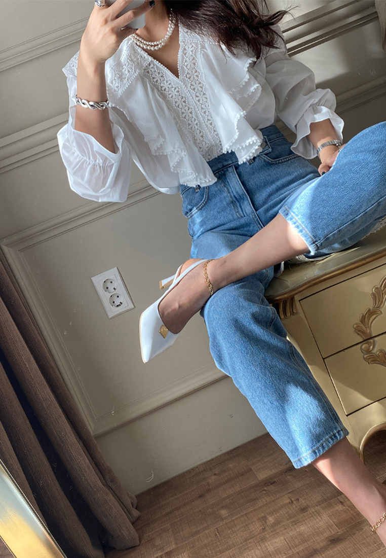 Autumn new Korean embroidered lace shirt CA25090209W