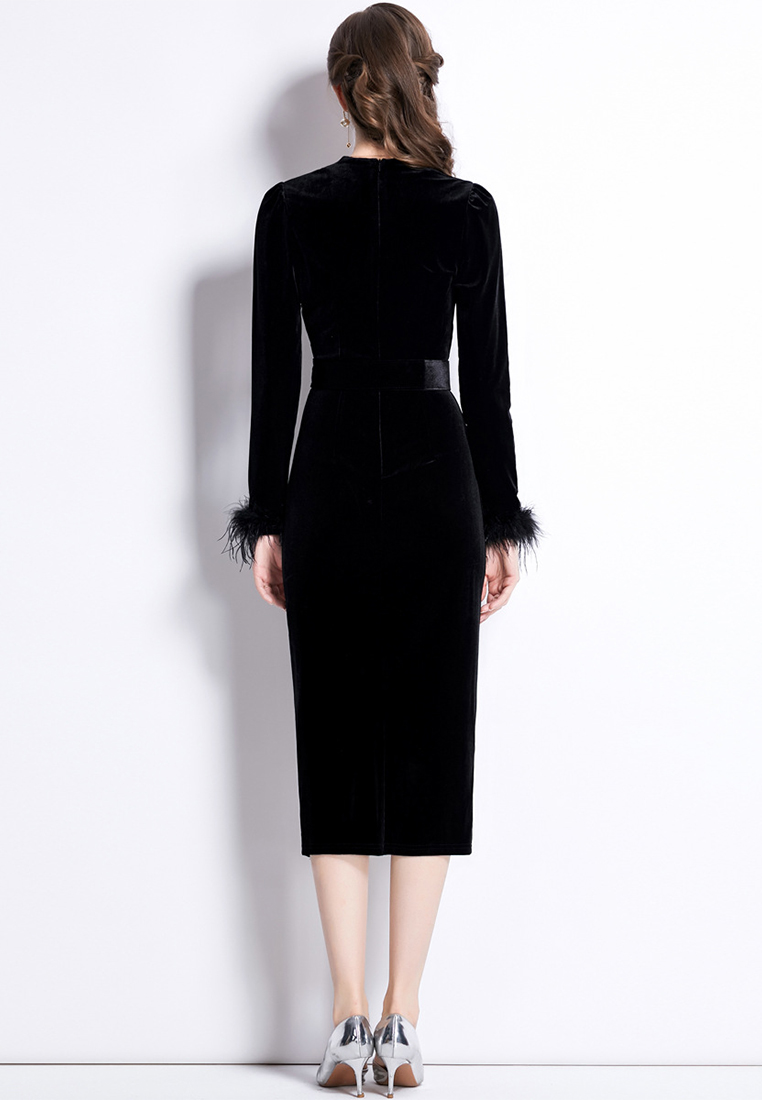 Fashionable Black Vintage Style Velvet Dress CA100509