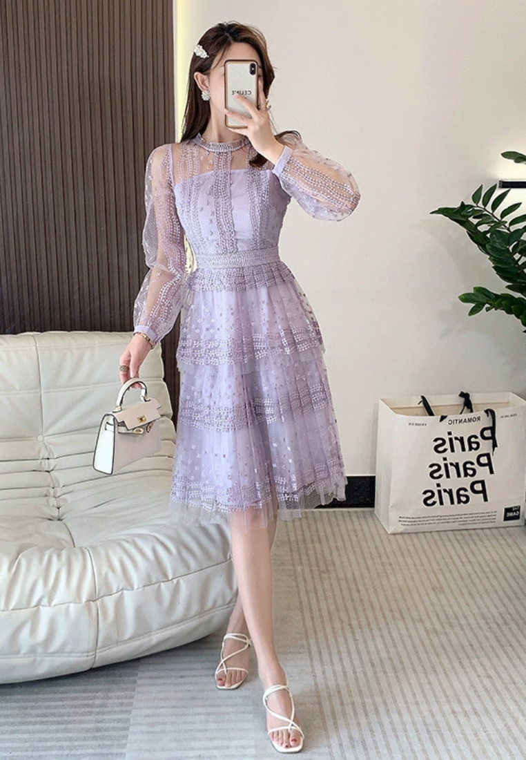 2025 New Purple Lace Mesh Dress CA25031209PU