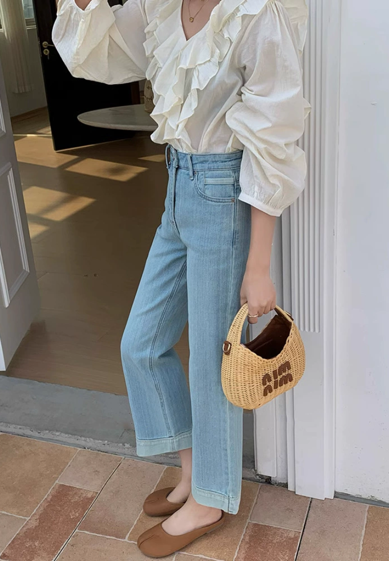 Spring high waisted light blue rolled edge jeans CA25031909BL