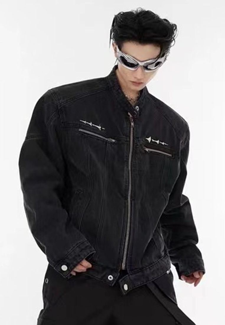 Retro patchwork denim collarless jacket CA24101409BL