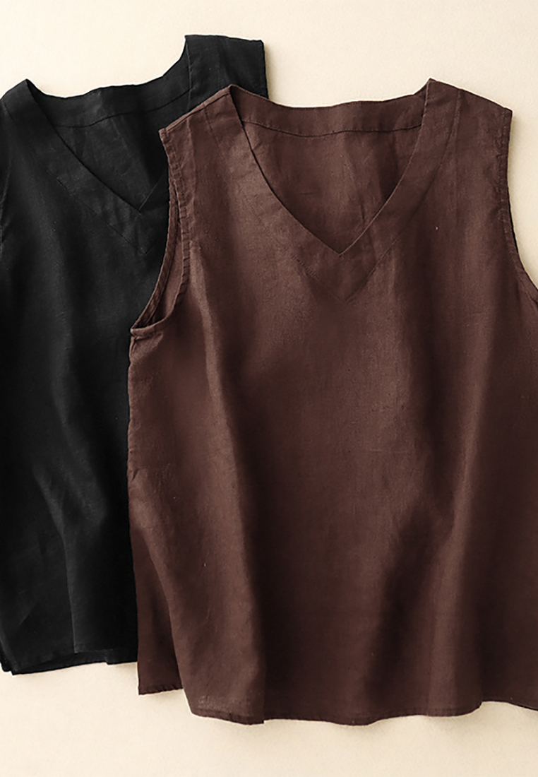 New Loose Cotton and Linen V-neck Vest CA25070909BW