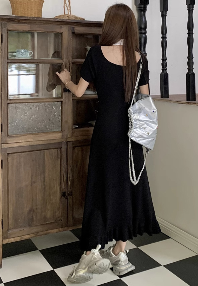 Summer new square neck short-sleeved knitted French ruffle dress CA24050609BE