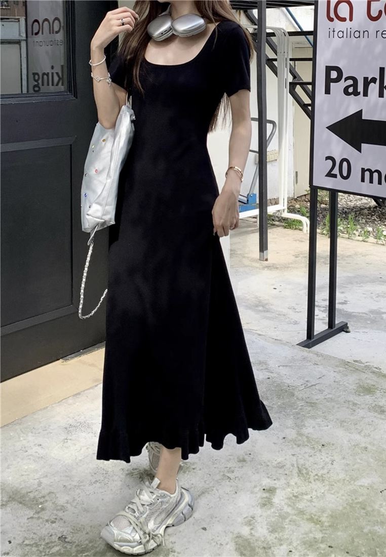 Summer new square neck short-sleeved knitted French ruffle dress CA24050609BE