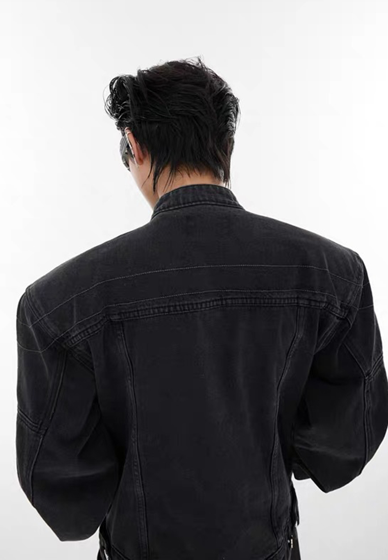 Retro patchwork denim collarless jacket CA24101409BL