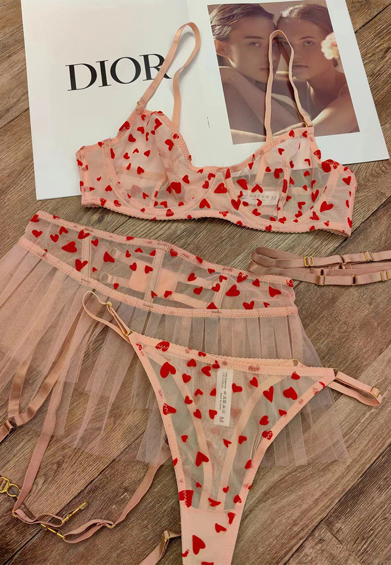 Heart-flocked French lace set A010409MT