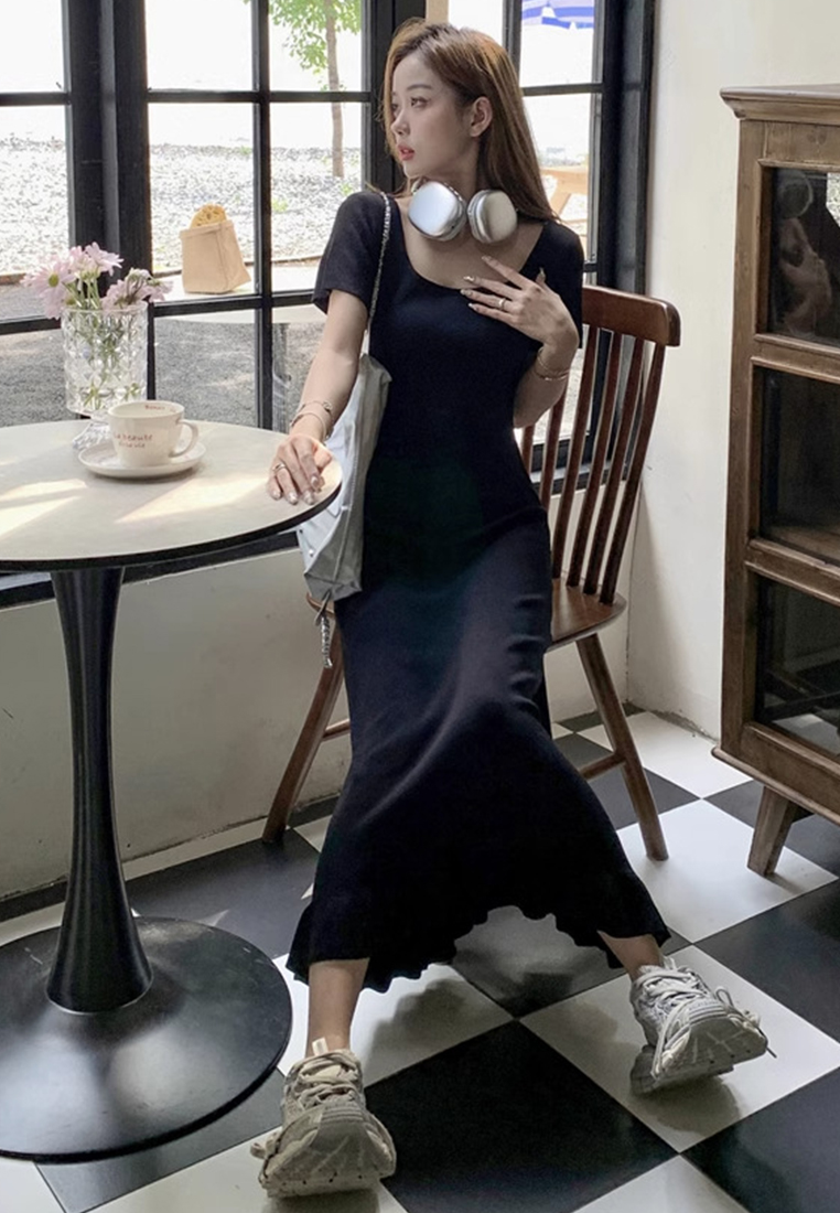 Summer new square neck short-sleeved knitted French ruffle dress CA24050609BE