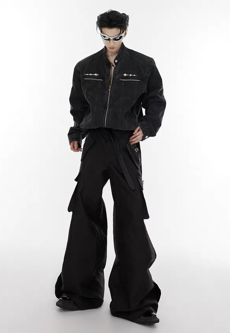 Retro patchwork denim collarless jacket CA24101409BL