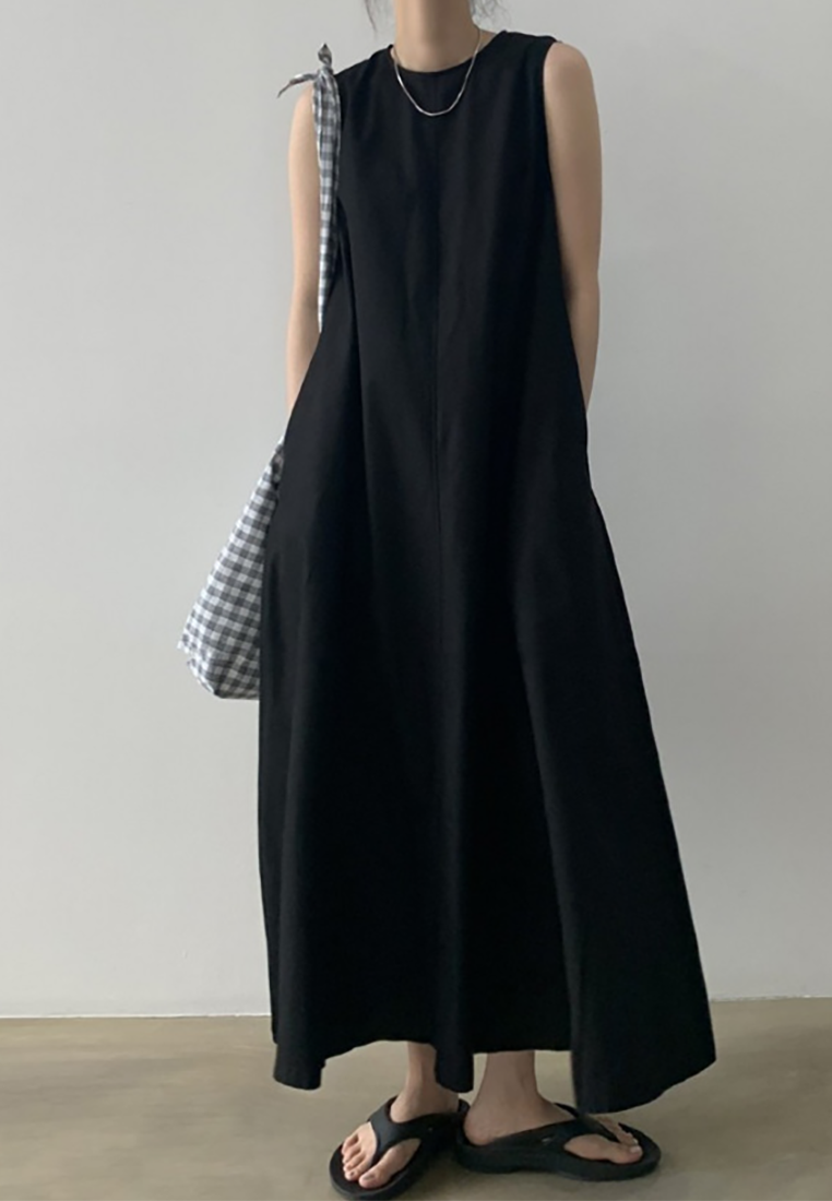 Korean chic cotton and linen loose sleeveless A-line vest dress CA25070931BW