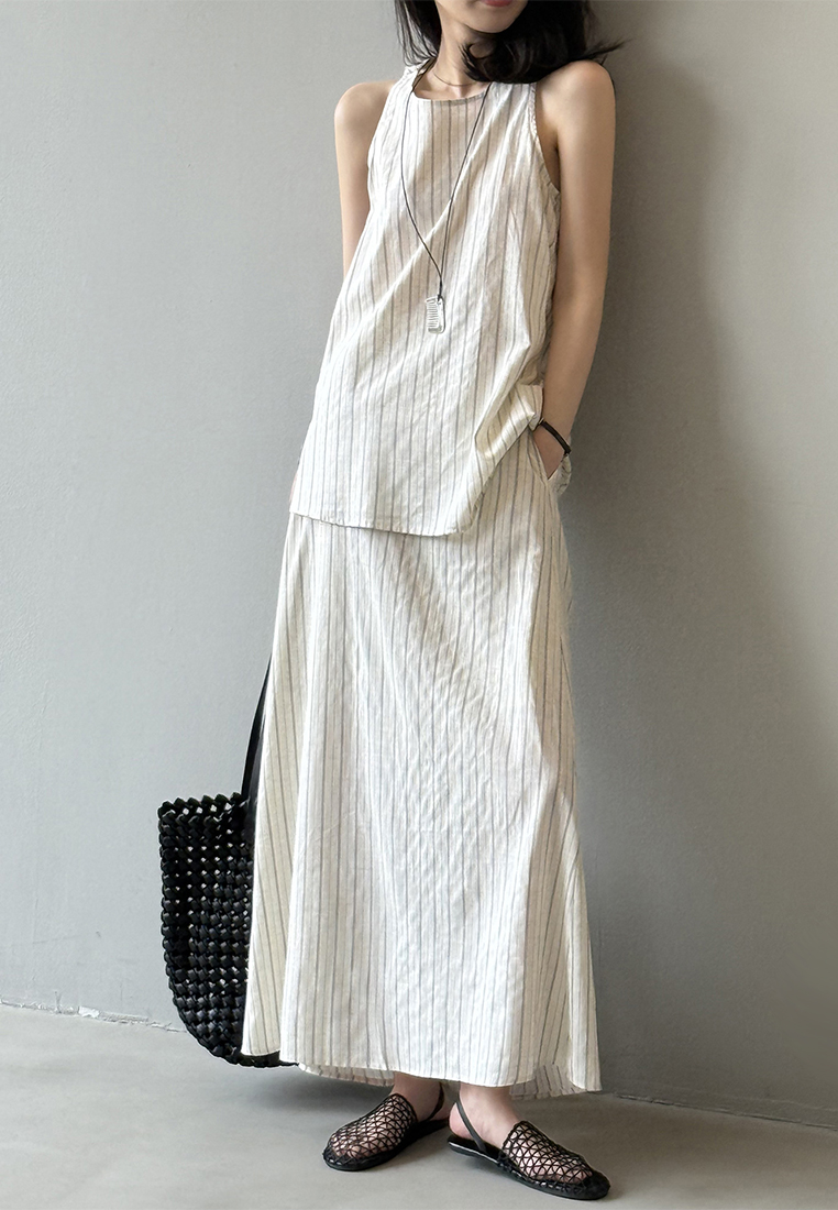 Summer Commuter Tencel Linen Striped Vest and Skirt Two-Piece Set CA25061790BE