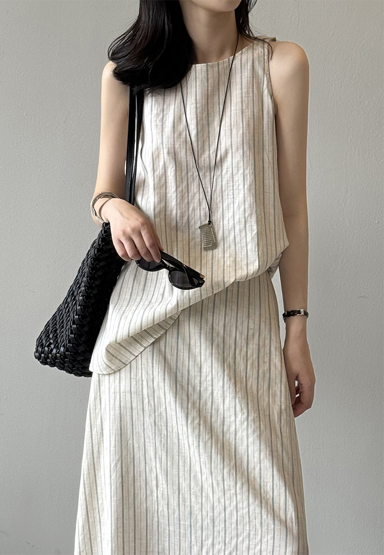 Summer Commuter Tencel Linen Striped Vest and Skirt Two-Piece Set CA25061790BE