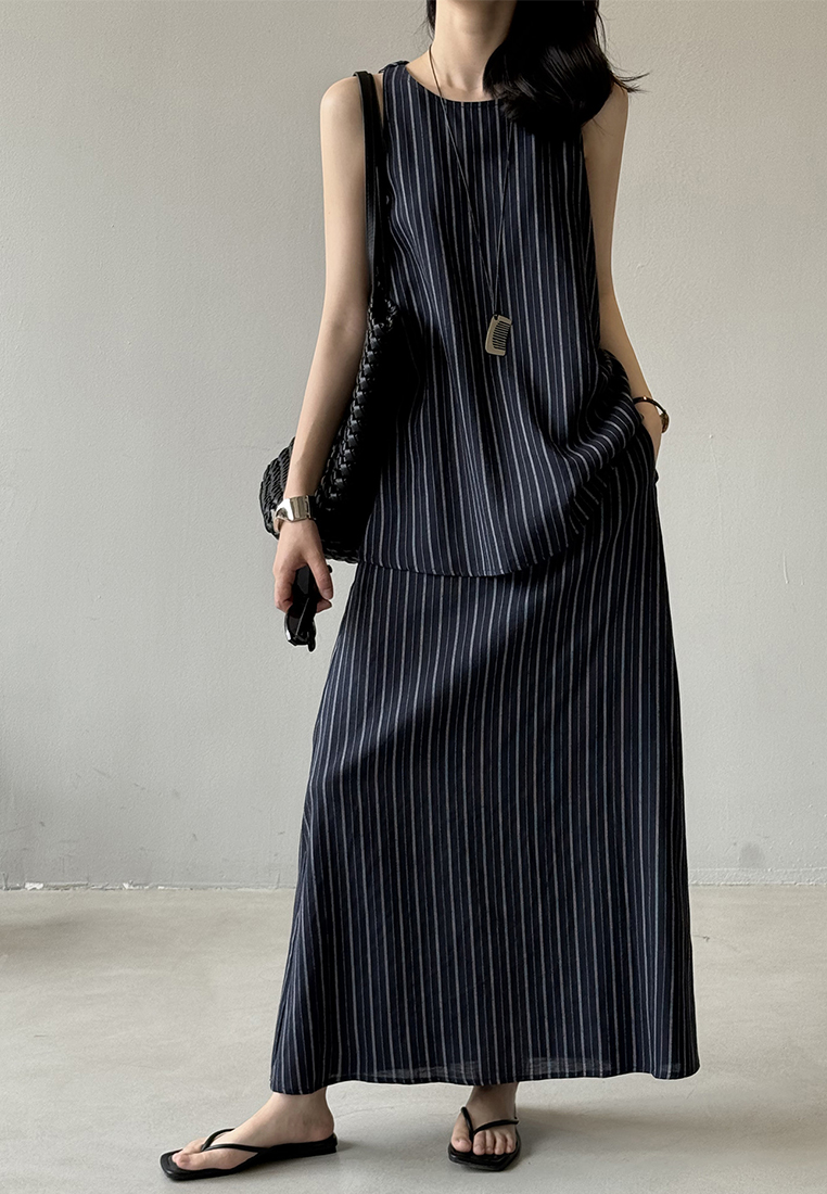 Summer Commuter Tencel Linen Striped Vest and Skirt Two-Piece Set CA25061790BE