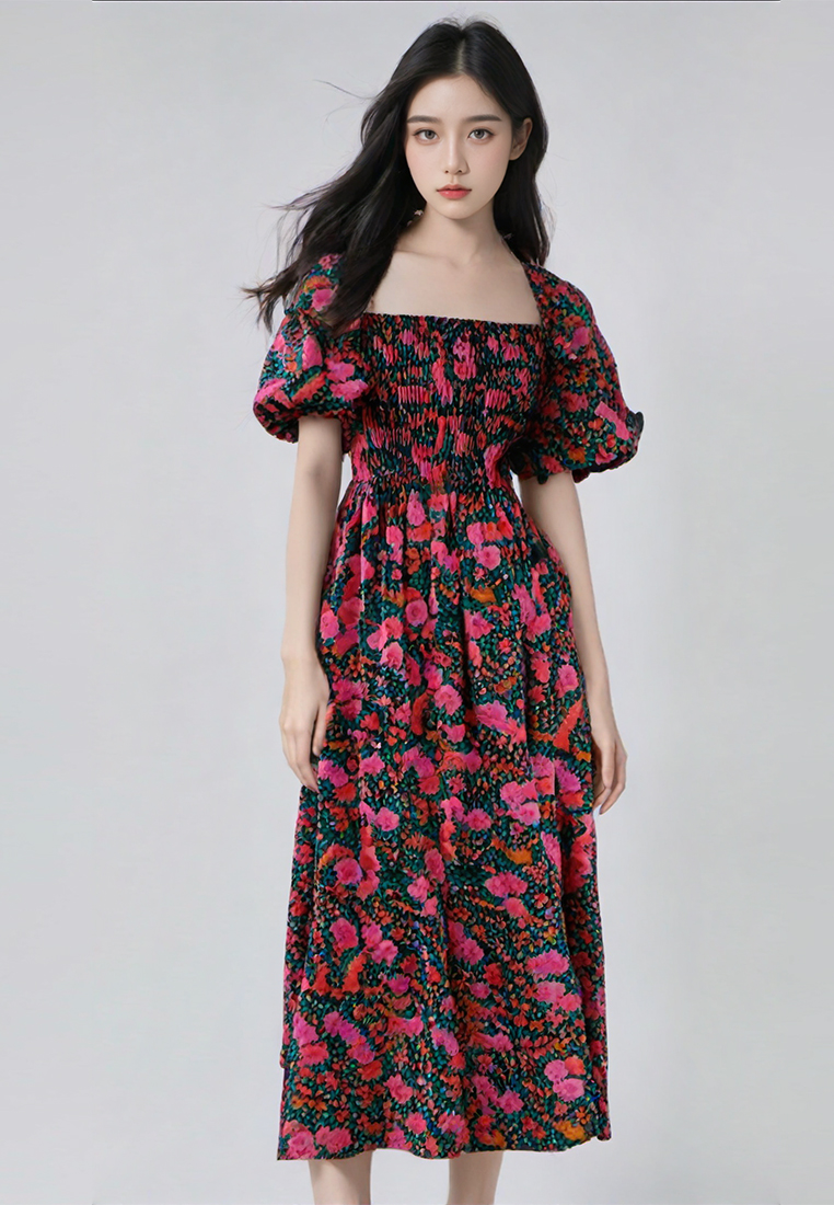 Korean Retro Square Collar Strap Dress CA25032754RD