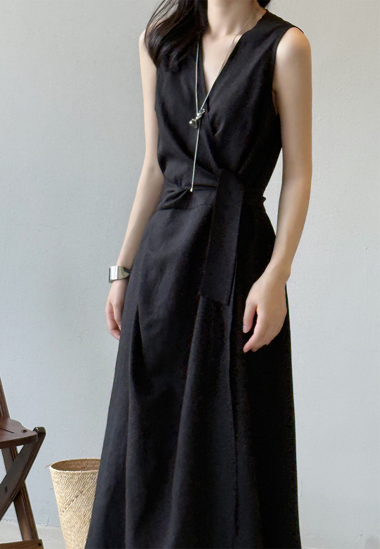 Summer French Tencel Linen Sleeveless V-Neck Vest Dress CA25061791BL