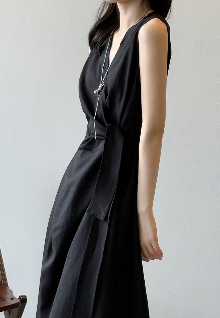 Summer French Tencel Linen Sleeveless V-Neck Vest Dress CA25061791BL