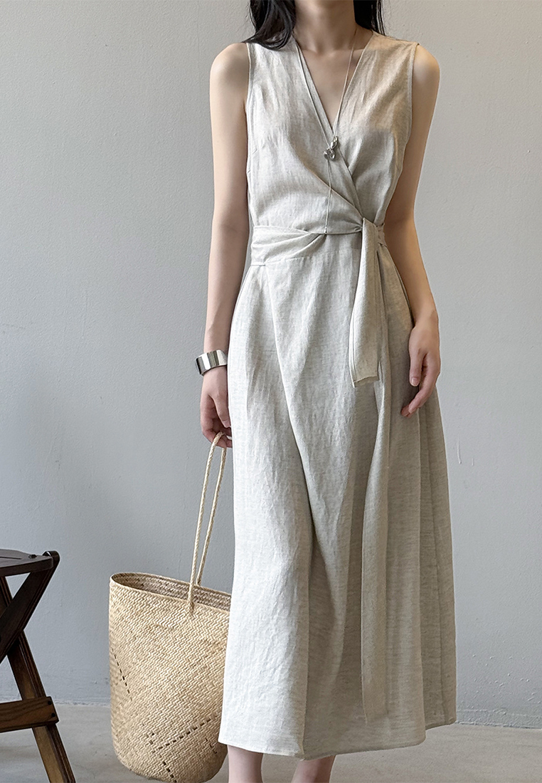 Summer French Tencel Linen Sleeveless V-Neck Vest Dress CA25061791BL