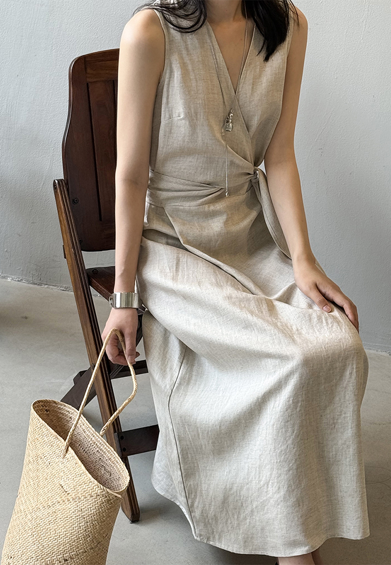 Summer French Tencel Linen Sleeveless V-Neck Vest Dress CA25061791BL