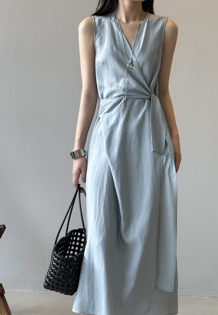 Summer French Tencel Linen Sleeveless V-Neck Vest Dress CA25061791BL