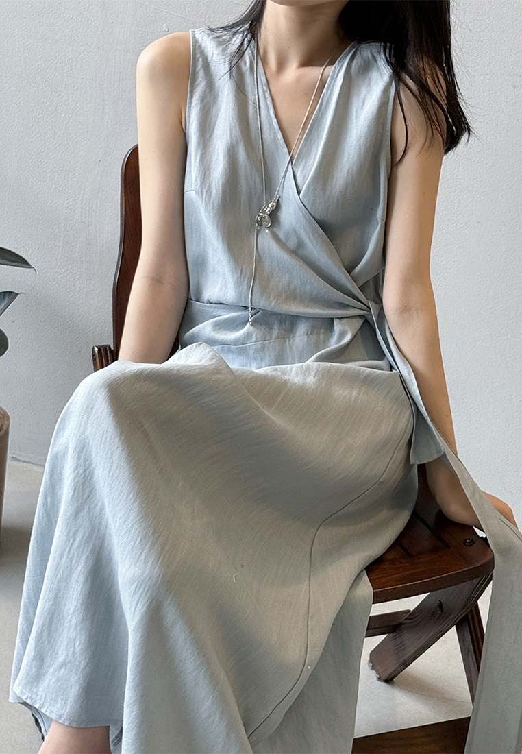 Summer French Tencel Linen Sleeveless V-Neck Vest Dress CA25061791BL