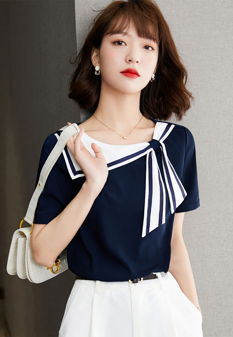 Western-Style Navy Blue Collar Loose Short-Sleeved Top A22022519BL