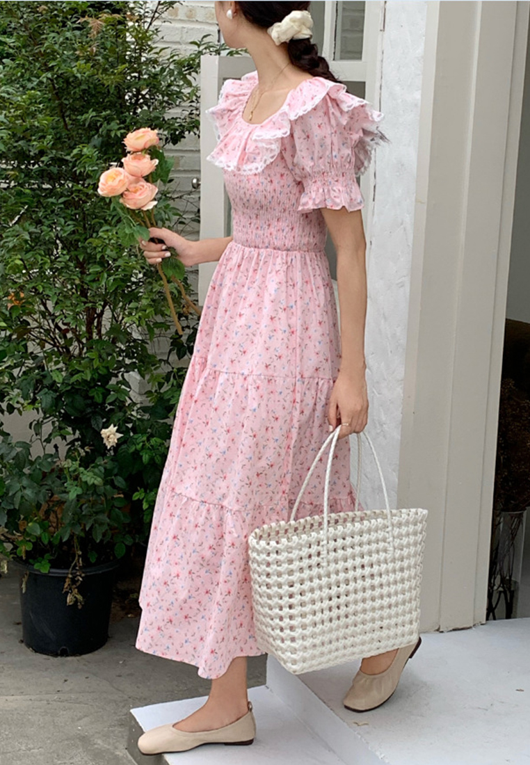 French square neck gentle flared sleeve dress CA25032735PI