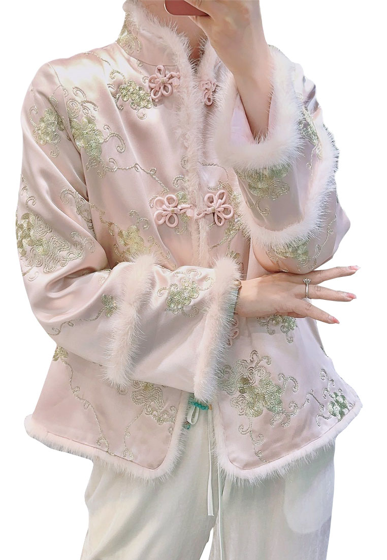 Luxury New Embroidered mink fur Chinese knot buckle Retro cotton jacket CA010604PI