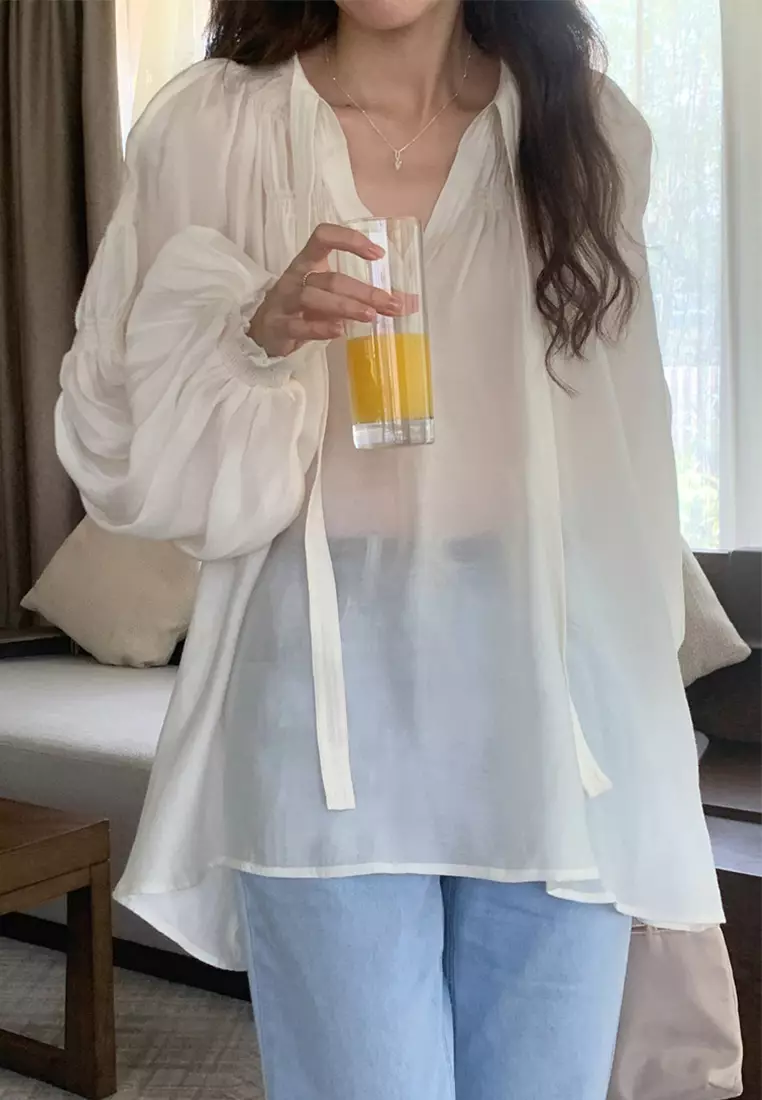 French ribbon V-neck long sleeved top CA24092511GR