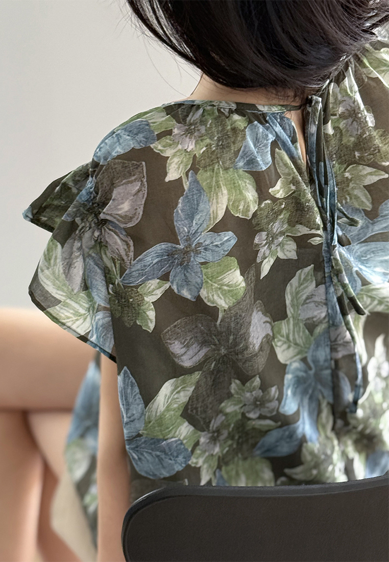 Summer French Floral Round Neck Ruffle Sleeve Sunscreen Thin Shirt CA25061794MT