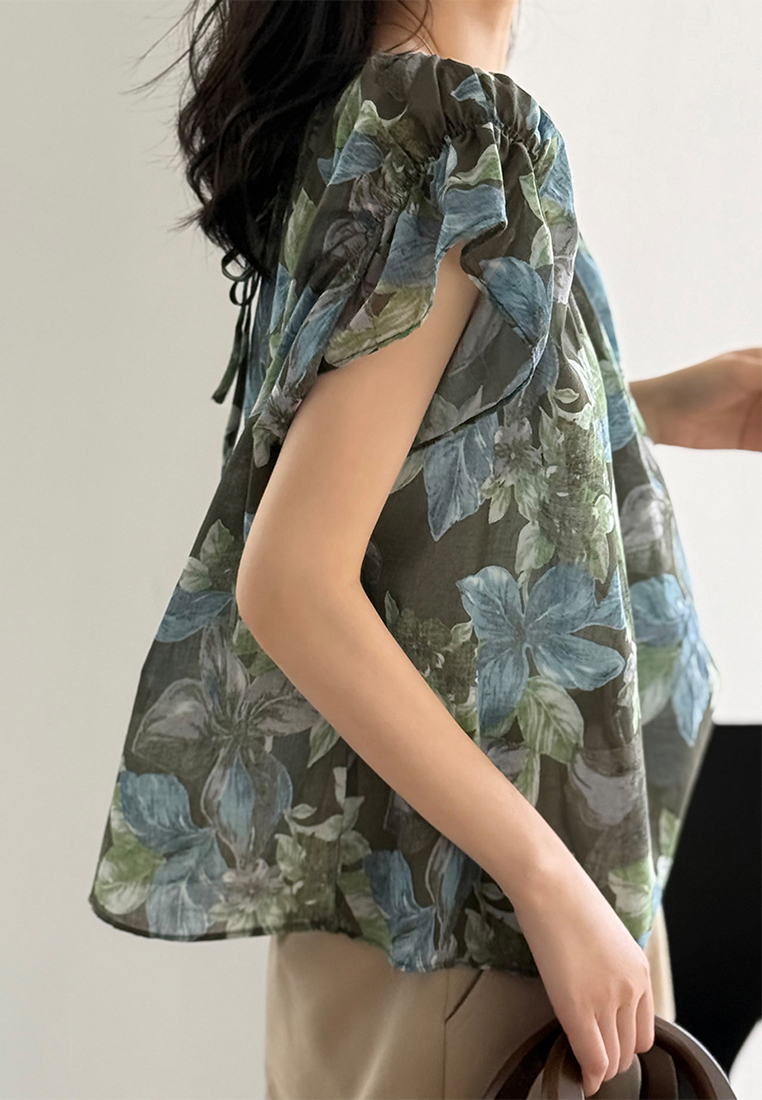 Summer French Floral Round Neck Ruffle Sleeve Sunscreen Thin Shirt CA25061794MT