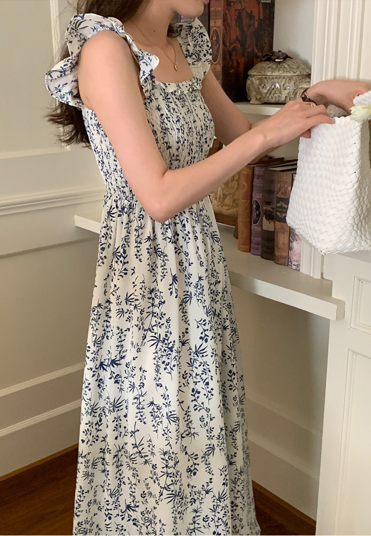 Square collar floral suspender dress CA25032758MT