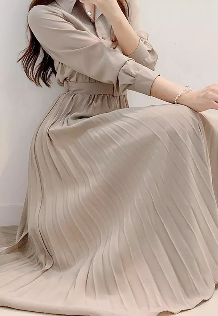 Korean Elegant Single breasted Flip Collar Long Dress CA24092713BW
