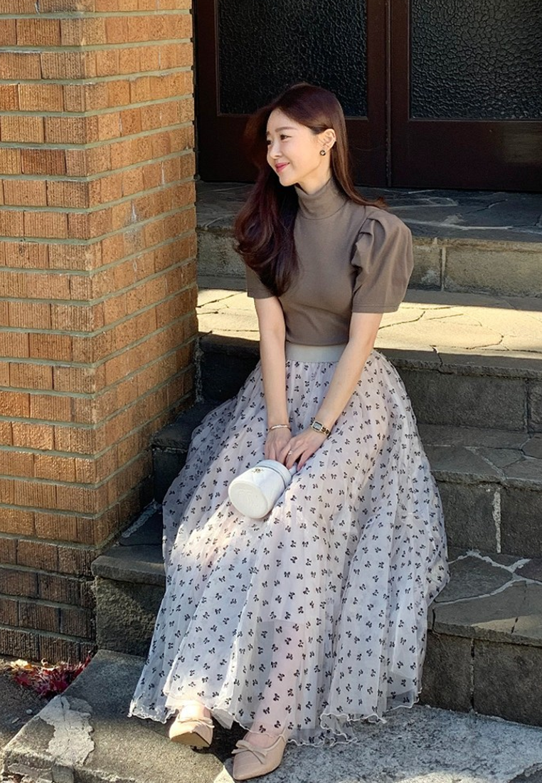 Spring printed high waist mesh long skirt CA25021333BK