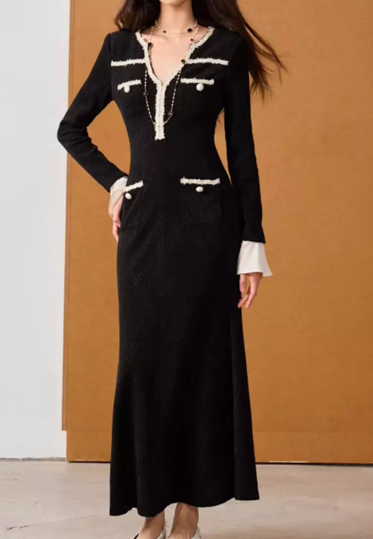 New elegant fishtail v-neck long-sleeved dress K103106