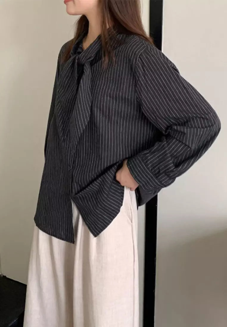 Korean style loose casual shirt with tied straps CA24092502BK