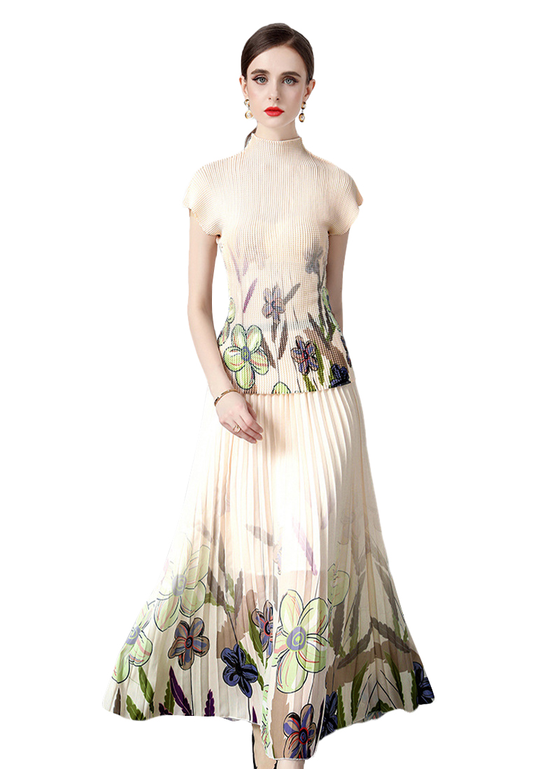 Fashionable and Chic Set Stylish Top with PrintedSkirt A-line Dress CA061396BK