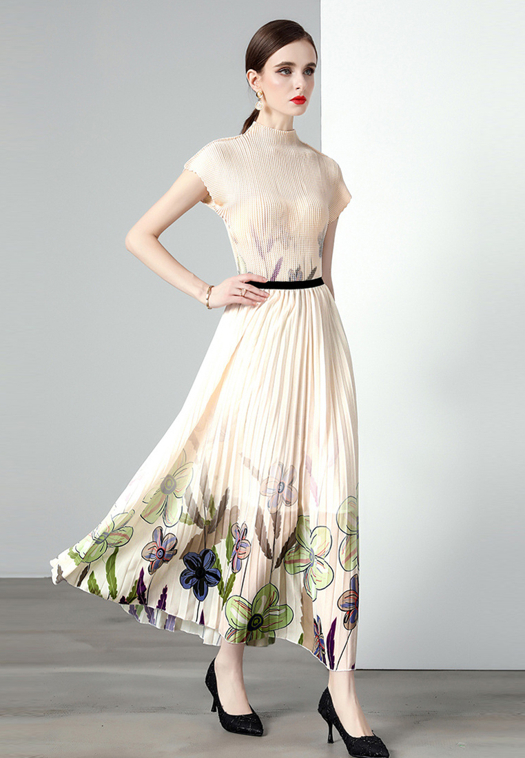 Fashionable and Chic Set Stylish Top with PrintedSkirt A-line Dress CA061396BK